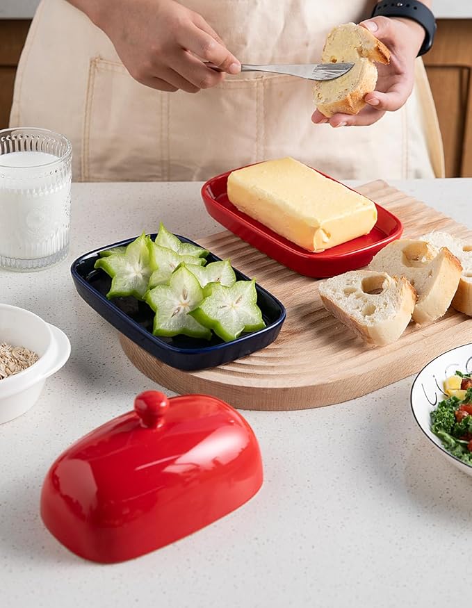 Sweejar Ceramic Butter Dish with Lid for Countertop,Porcelain Butter Keeper with Knob Handle,Butter Container for East/West Coast Butter, 7.1*3.7 inches (Red)