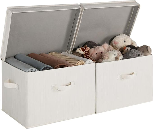 StorageWorks Closet Storage Bin with Lids, Decorative Storage Boxes with Handles, Fabric Storage Bins for Clothes, Jumbo, Mixing of Beige, White & Ivory, 2-Pack