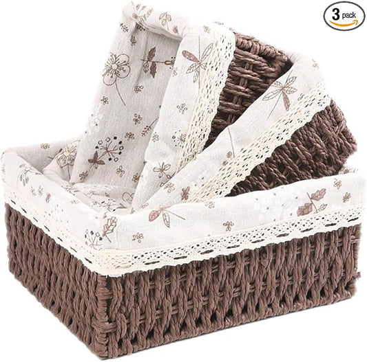 Storage Baskets Set of 3,Decorative Paper Rope Woven storage Baskets with Liner,Rectangular Storage Bins Container for Makeup Bedroom Shelves Organizing,Home Deco, Brown