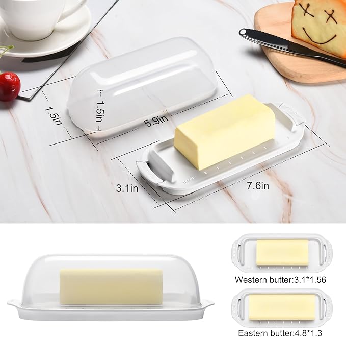Butter Dish with Clear Lid, Butter Container Holds for Countertop, Unbreakable Butter Keeper for Home Kitchen Decor, Perfect for East/West Coast Butter, BPA-free, Microwave/Dishwasher Safe (White)