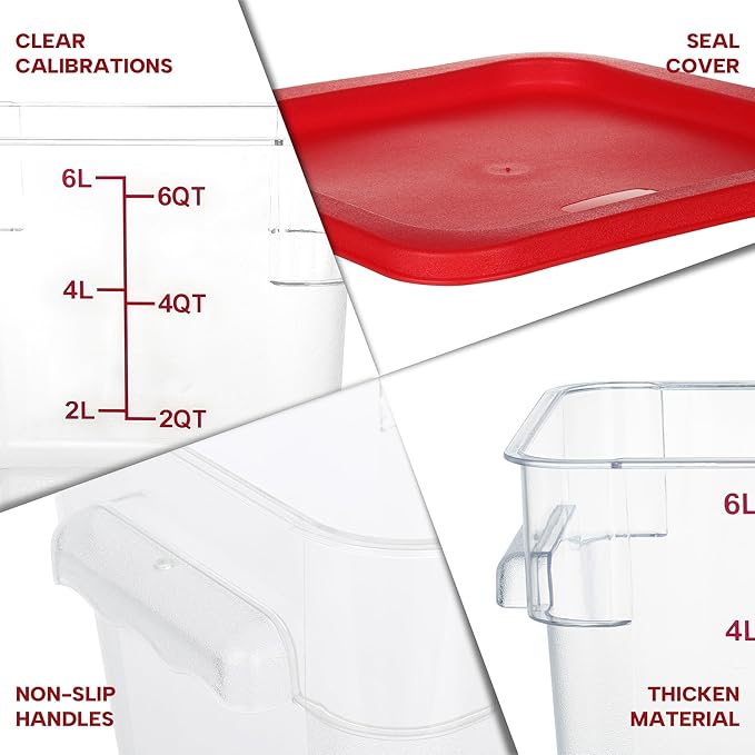 4 Pack Food Storage Containers, 6 Quart with Lids, Square Commercial Containers with Scale, NSF, Polycarbonate, Clear