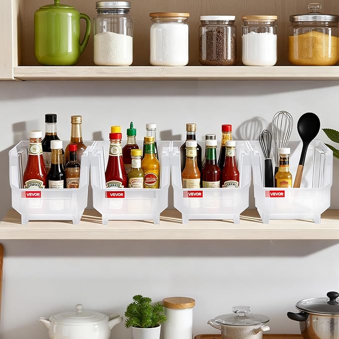 VEVOR Plastic Stackable Storage Bins, 10.9 x 5.5 x 5.1 inch (8 Pack), Plastic Containers for Organizing & Storage Bins for Closet, Garage, Small Parts, Office Supplies, Other Accessories, Transparent