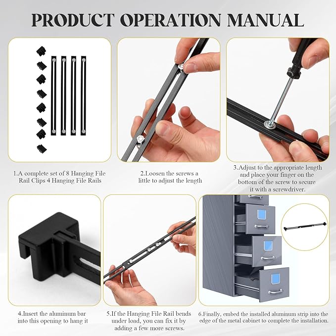 12 Pcs Metal Adjustable File Cabinet Rails Set Include 8 Hanging File Rail Clips 4 Cabinet Dividers Bars Suitable for Cabinets with Drawer Thickness Less Than 1/8 Inch(Black,18-32.5 Inch)