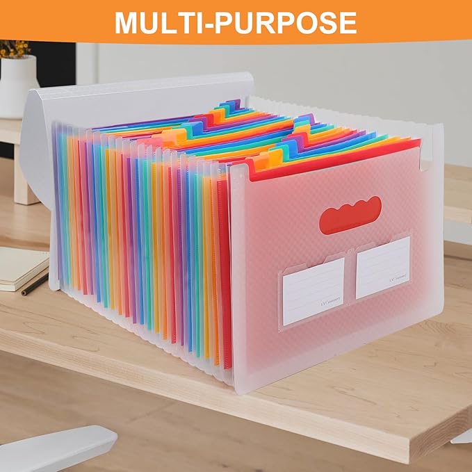 Accordion File Organizer, 24 Pockets Expanding File Folders, Portable Letter A4 Size Filing Box with Colored Labels and Expandable Cover, Monthly Bill Receipt Documents Organizer Pink
