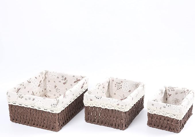 Storage Baskets Set of 3,Decorative Paper Rope Woven storage Baskets with Liner,Rectangular Storage Bins Container for Makeup Bedroom Shelves Organizing,Home Deco, Brown