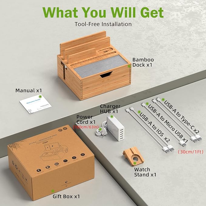 Pezin & Hulin Bamboo Charging Station for Multi Device, with Power Charger & Cables, Nightstand Docking Station with Lined Tray & Drawer, Compatible with Tablet, Cell Phones