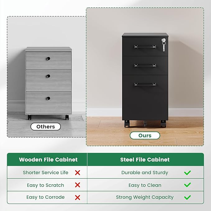 3 Drawer Slim File Cabinet, Mobile Filing Cabinet with Lock,Black Rolling Narrow File Cabinets with Casters, Under Desk Office Cabinets for Home Office,Fit A4/Letter/Legal(Unassembled)