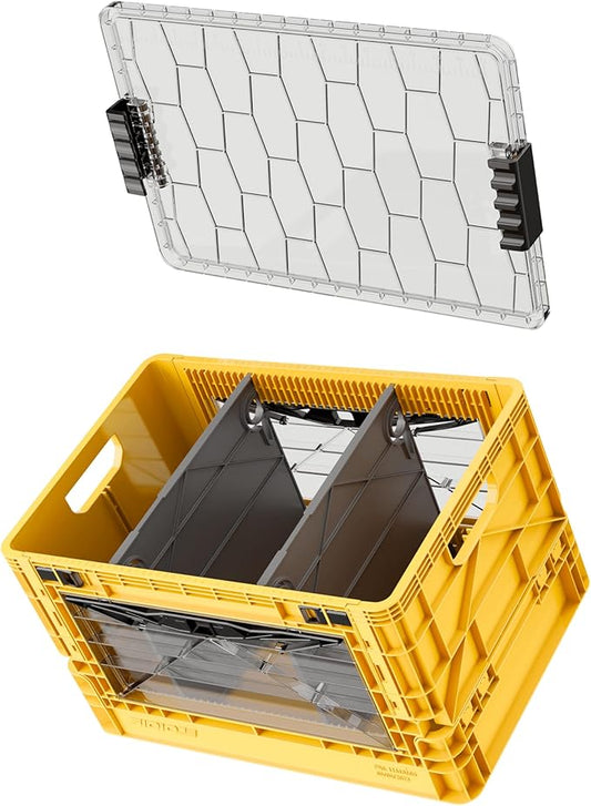 SIDIO Full-Size Collapsible Crate - Heavy Duty Stackable Storage Bin with Lid & 2 Short-Ways Dividers, Durable Plastic Organizer for Home, Office, Garage & Outdoor Use (Sol)