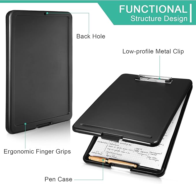 10 Pieces Clipboard with Storage Plastic Storage Clipboard Nursing Clip Board Foldable Clip Board with Low Profile Clip for Home Office School, Size 9.5 x 13.5 Inch (Black)