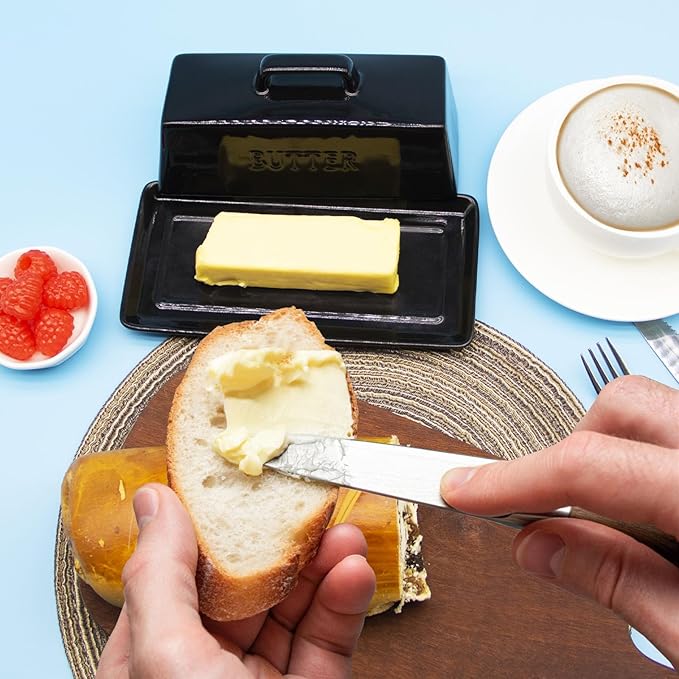 Ceramic Butter Dish With Lid for Countertop, Covered Butter Holder With Lid, Black Butter Container, Butter Tray With Handle