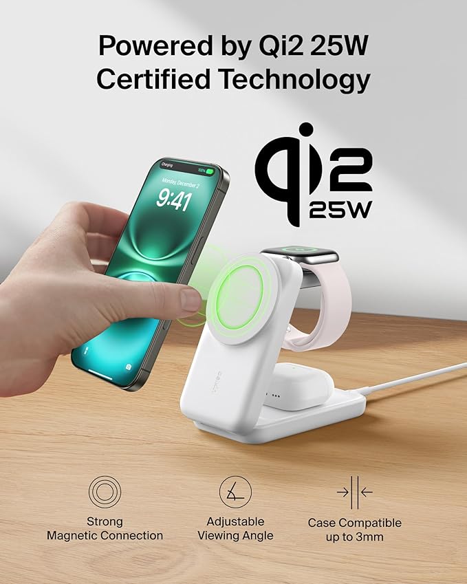 Belkin MagSafe Charger Compatible, 3-in-1 Charging Station, Qi2.2 25W Magnetic Wireless Charger Dock, Foldable Charging Stand for iPhone 17/16/15, Apple Watch, AirPods, Pixel 10 (45W Adapter Included)