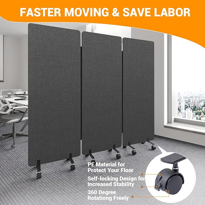 Soundproof Room Divider with Wheels, 66in Office Dividers for Sound Proofing & Reducing, 3 Panel Sound Proof Dividers for Office Partitions Portable Temporary Wall Acoustic Wall Divider，Dark Grey