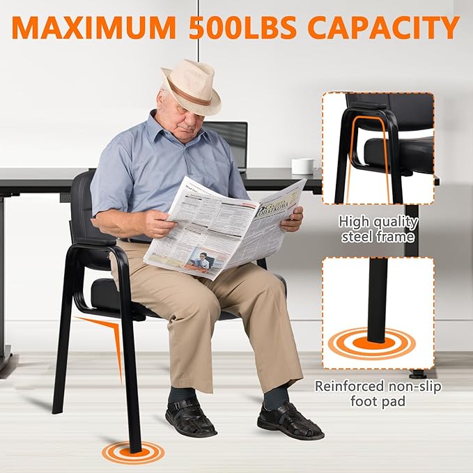 CLATINA Big & Tall 500 lbs Waiting Room Guest Chair, Leather Office Reception Chair No Wheels with Padded Arms for Elderly Home Desk Conference Room Lobby Side Salon Clinic, Black(4 Pack)