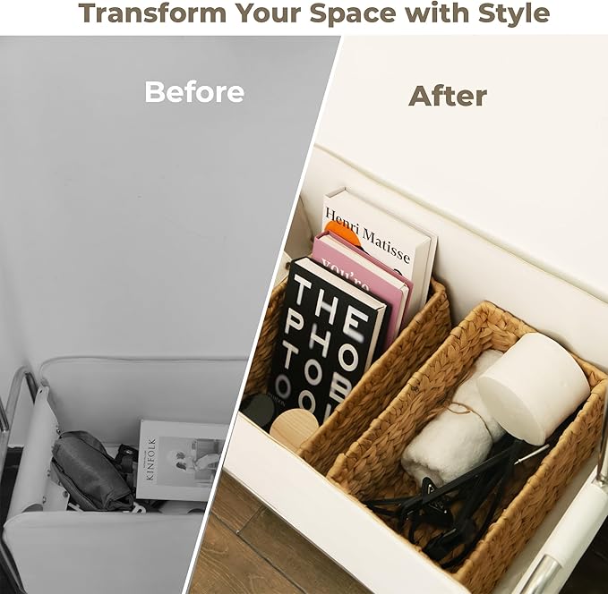 KOKODO Pack of 2 Medium Rectangular Water Hyacinth Wicker Storage Baskets with Handles and Metal Frame, Stylish and Durable Handwoven Bin for Space-saving Room Organizing or Decorative Wicker Basket