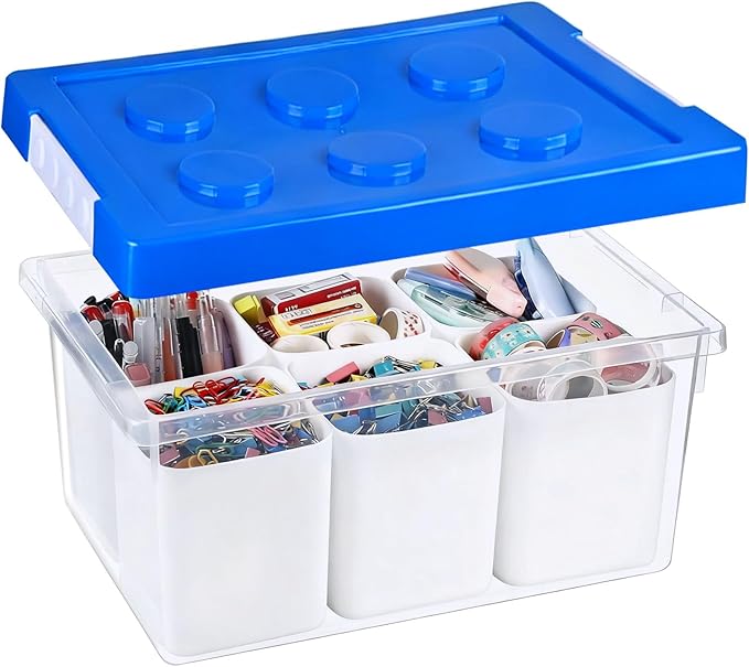 loobuu Plastic Storage Bins with Lids, Art Craft Supply Organizer Box with Brush Pot, Multipurpose Stackable Storage Containers for Organizing Tool, Craft, Crayon,Sewing (Blue)