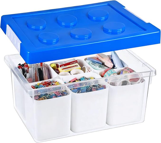 loobuu Plastic Storage Bins with Lids, Art Craft Supply Organizer Box with Brush Pot, Multipurpose Stackable Storage Containers for Organizing Tool, Craft, Crayon,Sewing (Blue)
