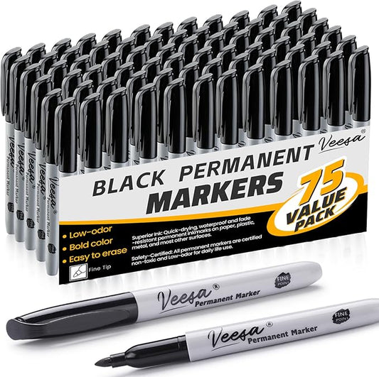 Permanent Markers Bulk, 75 Pack Black Fine Tip Permanent Marker Set - Waterproof | Quick Drying | Fade Resistant - Marks on Paper, Glass, Ceramic, Plastic, Wood, Rock, Metal