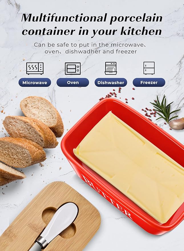 Butter Dish with Lid: Large Butter Container for Countertop - Ceramic Butter Holder for Counter - Butter Tray Butter Keeper with Knife and Sponge Scrubber - Perfect for 2 Sticks of Butter Red