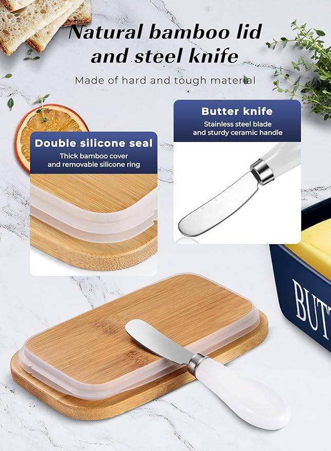 Butter Dish with Lid: Large Butter Container for Countertop - Ceramic Butter Holder for Counter - Butter Tray Butter Keeper with Knife and Sponge Scrubber - Perfect for 2 Sticks of Butter Blue
