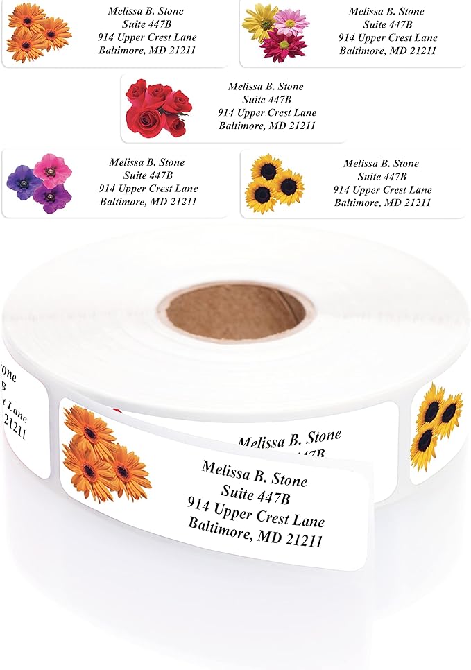 Floral Posy Assorted Rolled Address Labels with Elegant Plastic Dispenser