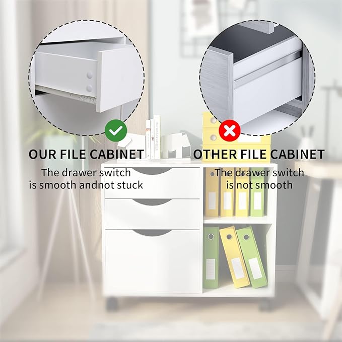 QDSSDECO 3-Drawer with Shelf Wood File Cabinet Mobile Lateral Filing Cabinet, with Rolling Wheel Printer Stand and Open Adjustable Storage Shelves, for Home Office, White