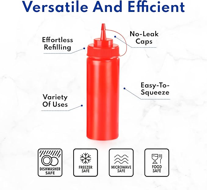 New Star Foodservice Squeeze Bottles, Plastic, Wide Mouth, 16 oz, Red, Pack of 6