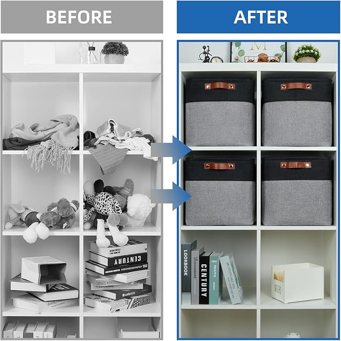 Temary Storage Baskets 12x12 Fabric Cube Storage Bins, 4 Pack Large Baskets with Handles, Baskets for Organizing Towels, Blankets, Collapsible Storage Basket (Black&Gray)