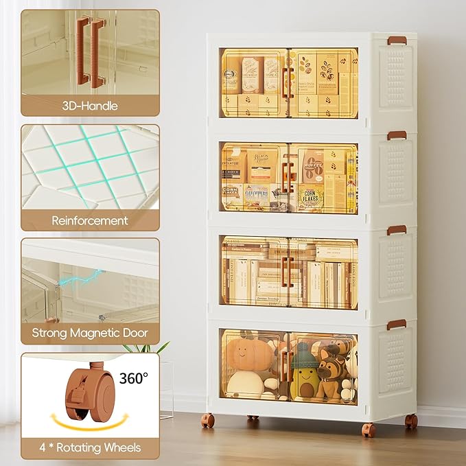 JEKO&JEKO 756 Qt Plastic Storage Bins with Lids, Doors & Wheels, 7 Pack Extra Large Stackable Collapsible Storage Cabinets and Closet Organizers for Home Office, Cream