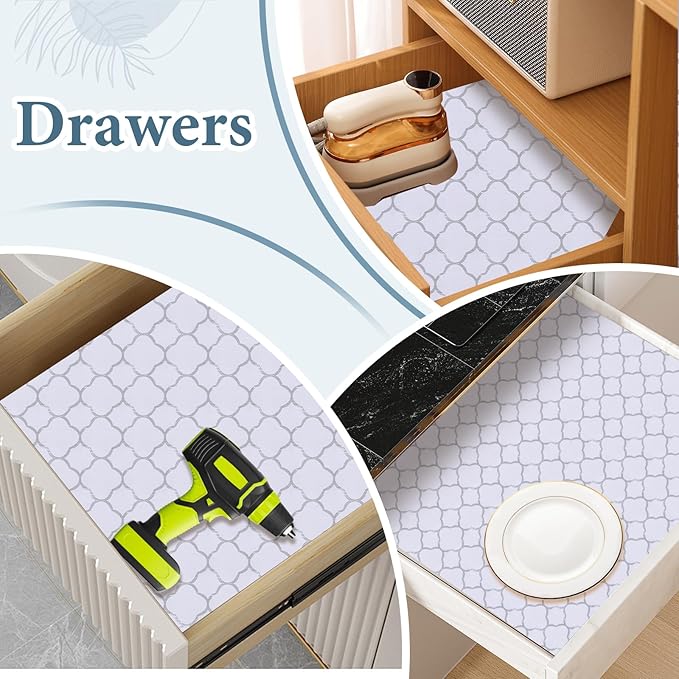 Shelf Liners for Kitchen Cabinets 12in x 20FT Non Adhesive Drawer Liner Silver Quatrefoil Shelf Liner Paper Strong Non-Slip Easy to Clean for Tool Box Refrigerator with Knife and Tape Measure