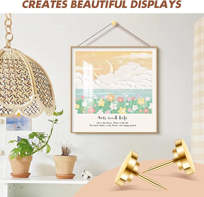 30 Pieces Gold Push Pins, Gold Decorative Thumb Tacks, Metal Push Pins for Wall, Thumbtacks for Wall, Push Pins for Bulletin Board, Picture Hanging Nails, Poster Tack, Wall Tacks for Hanging