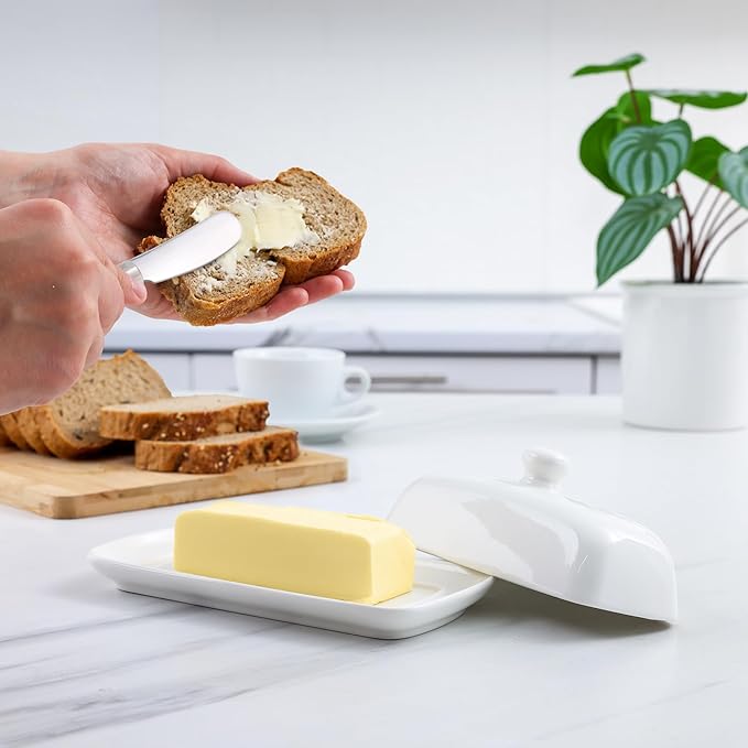 Zulay Kitchen Butter Dish With Lid For Countertop - Porcelain White, Ceramic Butter Dish with Knob Handle Great for Cooking - Elegant Design Butter Holder - Durable & Sturdy Butter Keeper - White