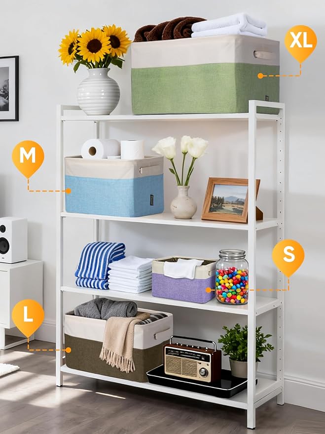 BALEINE 4 Pack Fabric Storage Bins for Shelves, Linen Storage Baskets for Organizing, Decorative Closet Bins for Clothes, Home (Grey, 17''x13''x10.5'')