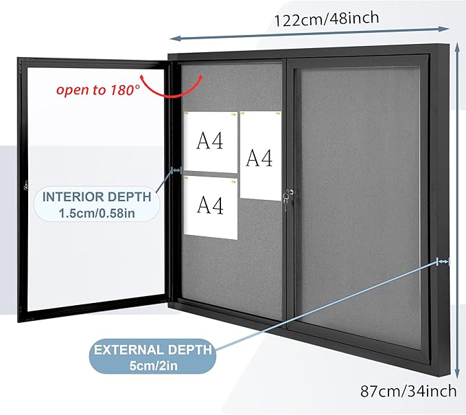 Enclosed Bulletin Board Outdoor Noticeboard with Locking Door, Weather-Resistant, Grey Felt, Black Aluminum Frame, 48 x 34 in