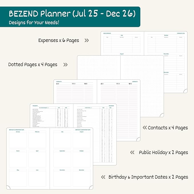 BEZEND Weekly Planner 2025-2026 with 2 Columns, 8.5" x 11" Academic Calendar 18 Months (Jul 25-Dec 26) Life Work Appointment Book with Monthly Tab, PU Leather Hardcover - Lilac