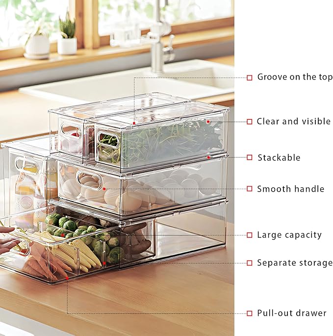 MANO Fridge Drawer Pull Out Stackable Bins with Handle Clear Refrigerator Drawers Organizer Food Storage Container Box Plastic Produce Saver for Pantry, Cabinet, Kitchen, Clothes（4Pack）