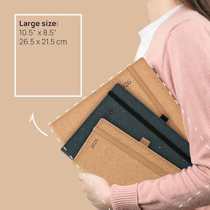 POPRUN 2026 Planner - 2026 Recycled Weekly Planner[8.5''x 10.5''- Italian Regenrated Leather Hard Cover] with Hourly Schedule & Vertical Weekly Layout, Monthly Tabs, Inner Pocket - Black Grey
