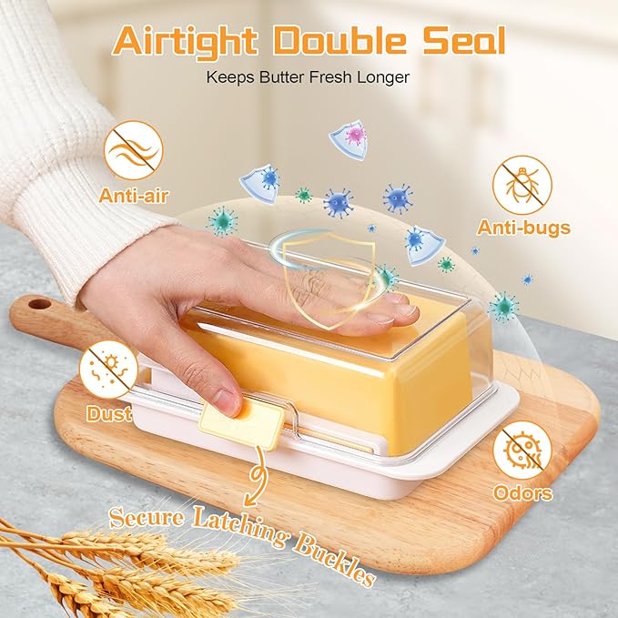 White Airtight Butter Dish with Lid for Countertop, Stylish Container with Cutter Knife, Large Capacity Stick Holder for East/West Coast Butter, Keeper&Tray Fit Refrigerator or Camping Use