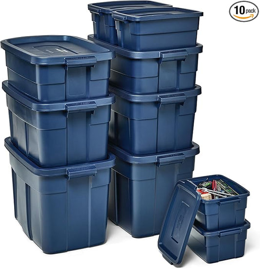 Rubbermaid Roughneck Tote Variety - |Made in the USA| Dark Indigo Metallic, Rugged Plastic Stackable Storage Tote with Lid and Handles (Pack of 10)