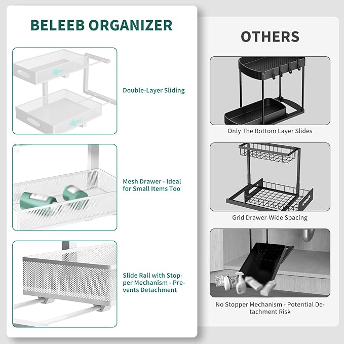 Under Sink Organizer, Extra-Wide Upgrade, 2 Pack 2 Tier Metal Slide Out Cabinet Organizer, Height Adjustable Organization and Storage Series, Bathroom/Cabinet/Kitchen organization, White