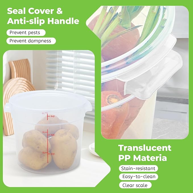 4 Pack Round Food Storage Containers with Lids, 6Qt Translucent Commercial Food Container, Polypropylene, BPA Free, Includes Labels & Measuring Cups