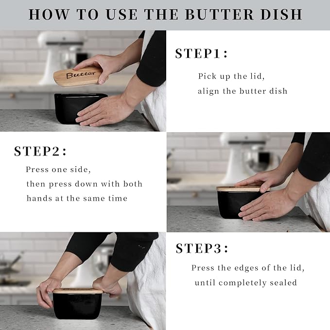 GDCZ Ceramics Butter Dish with Wooden Lid- Large Covered Butter Holder for Countertop, Butter Keeper Container Perfect for Holds 2X 4oz West/East Coast Butter (Black, 6.5 x 4.2x 3.9)