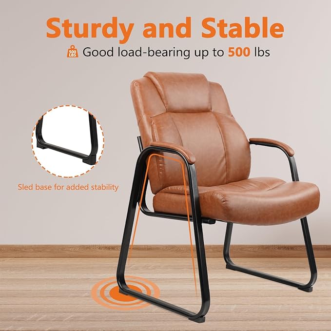 CLATINA Big & Tall 500 lb. Guest Chair, PU Leather Office Reception Chairs with Sled Base, Desk Chair No Wheels for Waiting Room Conference Lobby Computer Living Room, Brown, 4 Pack