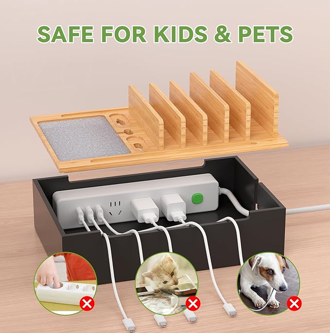 Pezin & Hulin Bamboo Charging Station, Electronic Devices Organizer for Multiple Devices Charger Such As Cell Phone, Tablet, Watch and More, Natural+Black, (No USB Charger and Cables