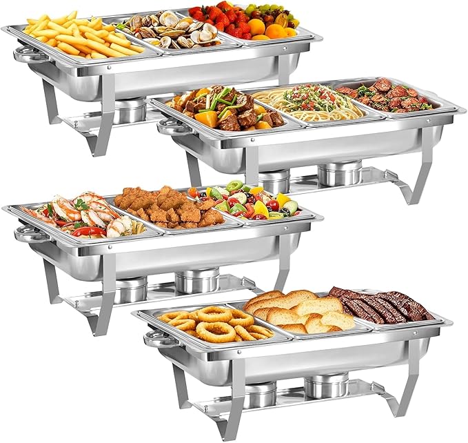 4 pack Chafing Dishes for Buffet of Stainless Steel Food Warmers for Parties 9 QT Chafers and Buffet Warmers Sets with 1/3 size pan Commercial Catering Chafers for Event Party