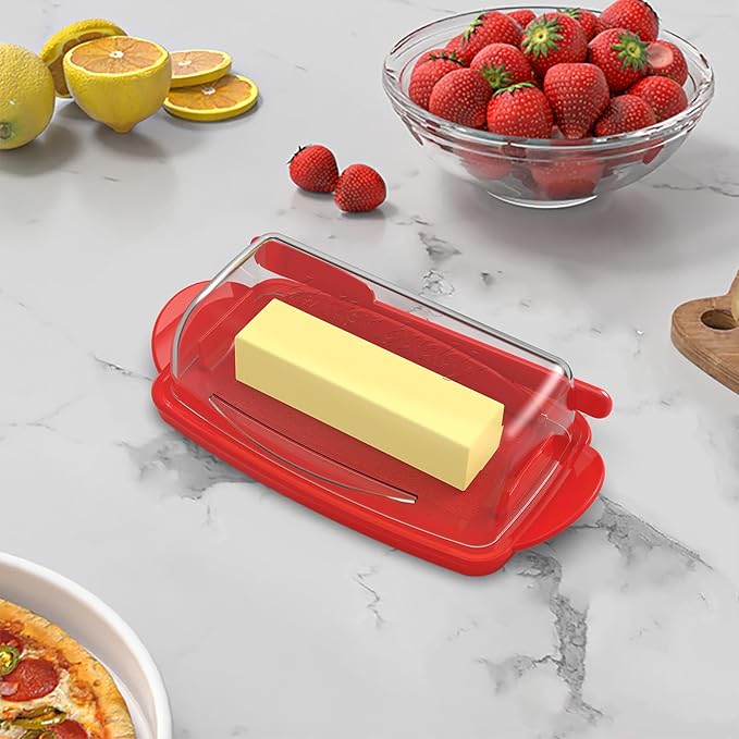 Butter Dishes with Lid for Countertop Refrigerator, Plastic Butter Dish Clear Flip Top Lid Butter Container with Spreader, Non-Slip Bottom Butter Holder Keeper (Transparent Cover Red)