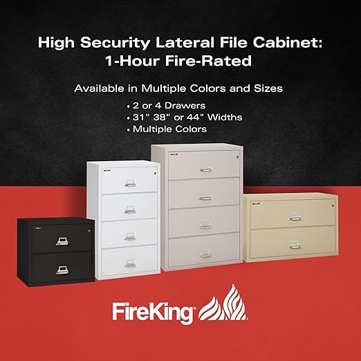 FireKing Fireproof Lateral File Cabinet (4 Drawers, Impact Resistant, Water Resistant), 44" W x 22" D, Arctic White, Made in USA