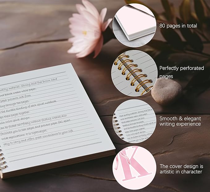 Coquette Trendy Preppy Pink Bow Spiral Notebook,Initial K Journal Personalized Teen Girl Gifts,Monogrammed Gifts for Women Teen Girl,College Ruled Hardcover Spiral Notebook 5.5 x 8.3