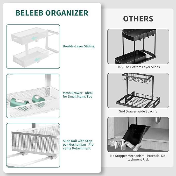 Under Sink Organizer, 1 Pack 2 Tier Metal Slide Out Pull Out Cabinet Organizer Shelf, Height Adjustable Organization and Storage Series, Bathroom/Desktop/Cabinet/Kitchen organization, White