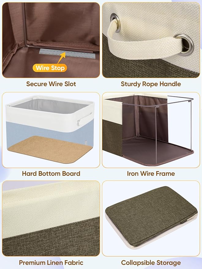 BALEINE 2 Pack Fabric Storage Bins for Shelves, Linen Storage Baskets for Organizing, Decorative Closet Bins for Clothes, Home (Brown, 15"x11"x9.5") ﻿