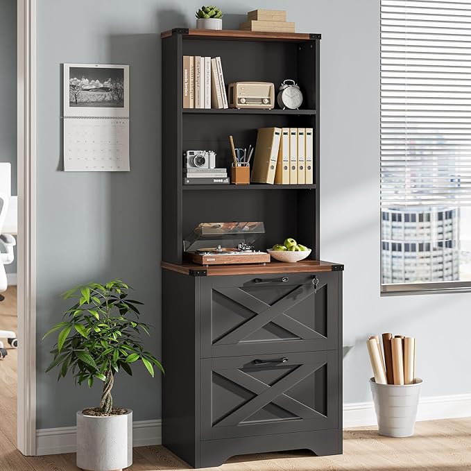 SEDETA 2 Drawer File Cabinet with Lock, Wood Filing Cabinet fits Letter, Legal, A4 Size, Hanging File Folders, Farmhouse File Cabinets for Home Office with Adjustable Storage Shelf (Black)